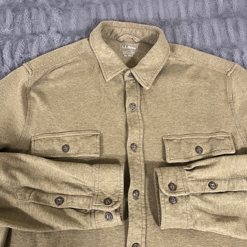 LL Bean Mens XL Reg Slightly Fitted Knit Button Down Shirt Olive Green 518209